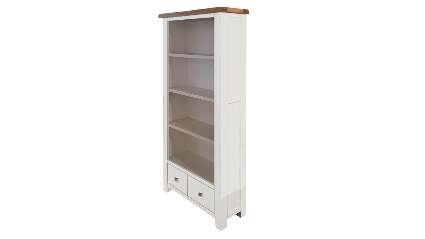 white bookcase with 4 shelves and 2 drawers