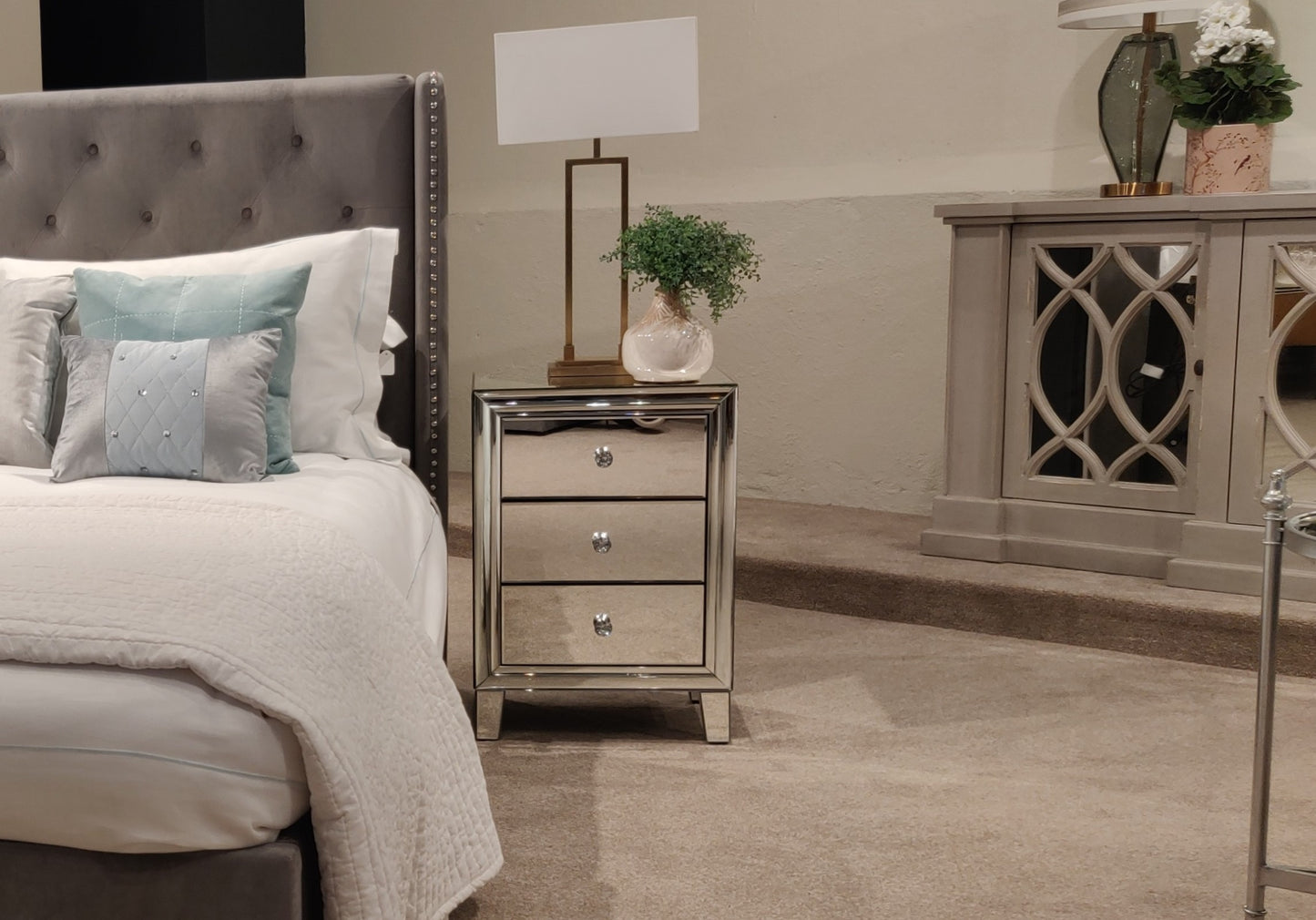 Mirrored Bedside Table 3Drawer