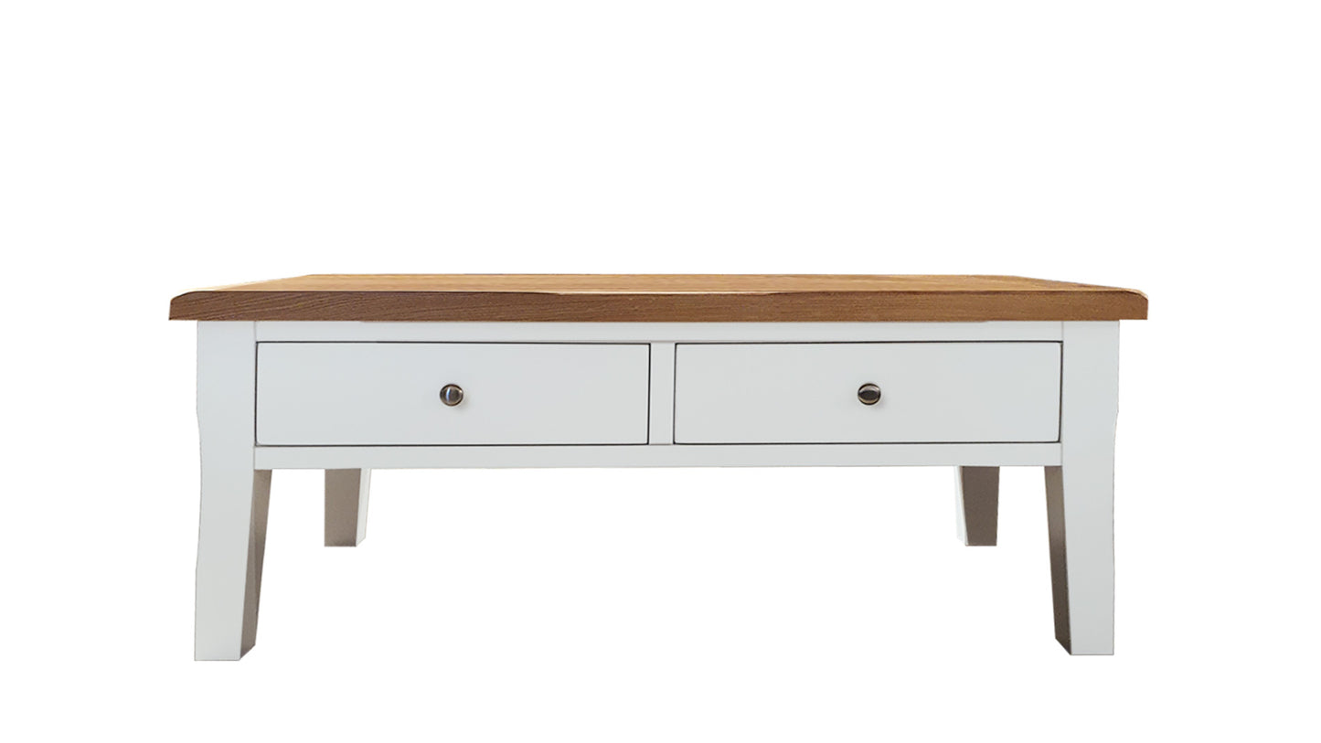white coffee table with two drawers and oak top