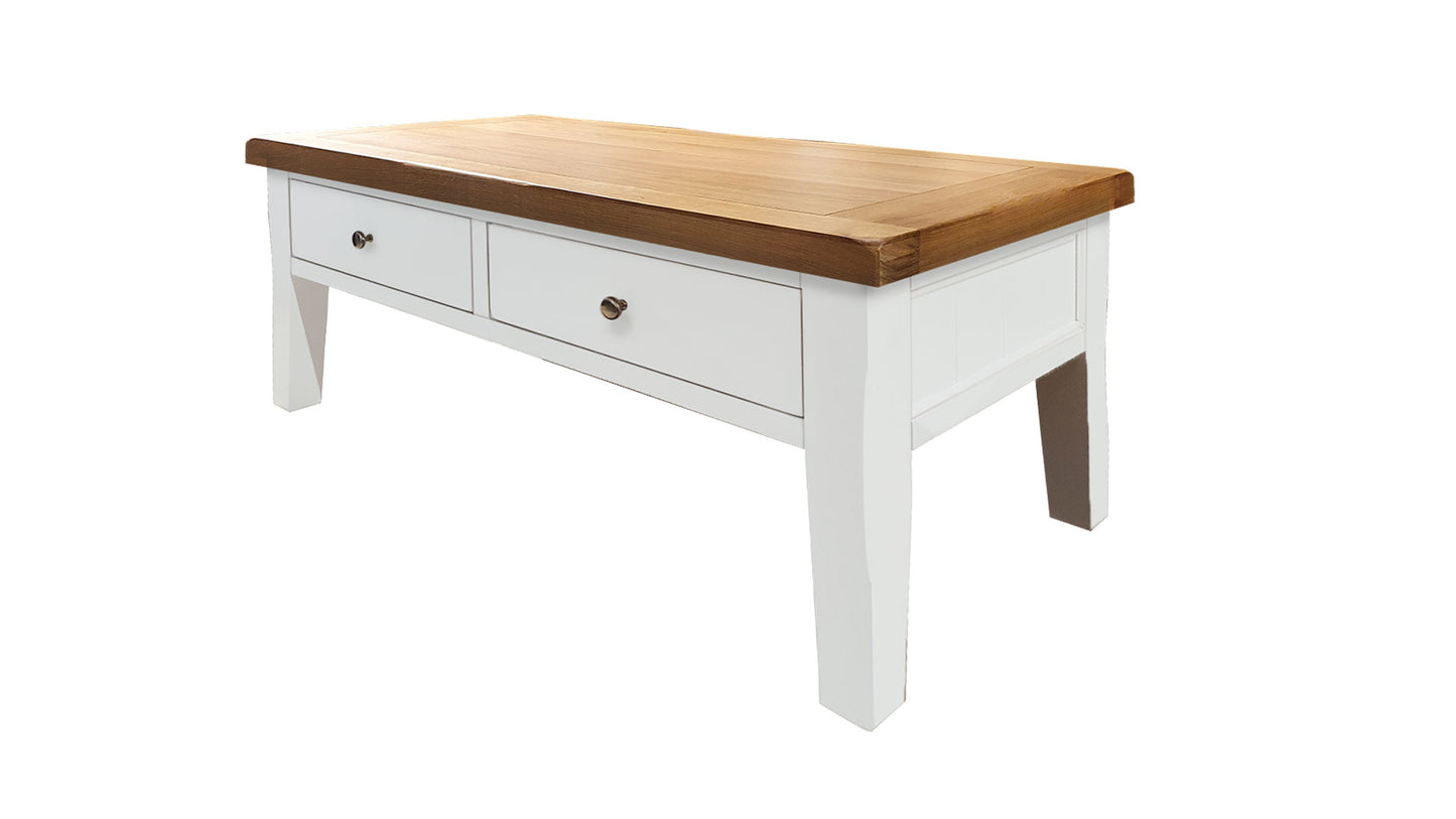 white coffee table with two drawers and oak top