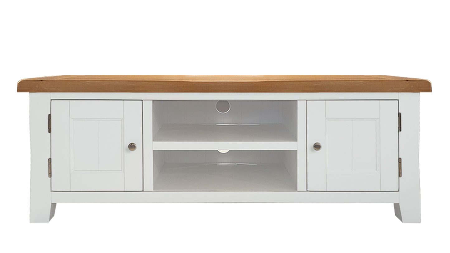 white tv unit with oak top