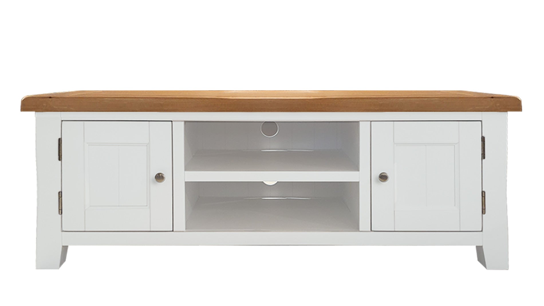 white tv unit with oak top